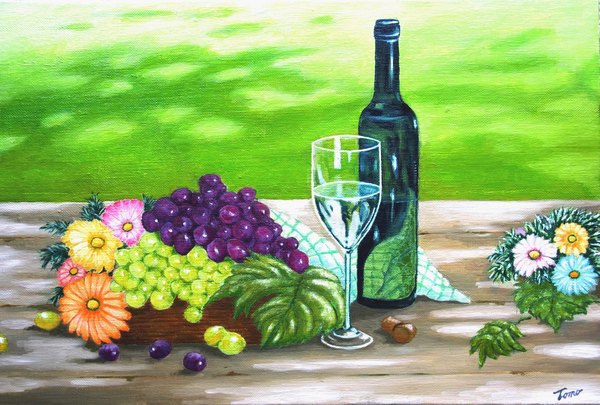 ワインと葡萄と秋の花