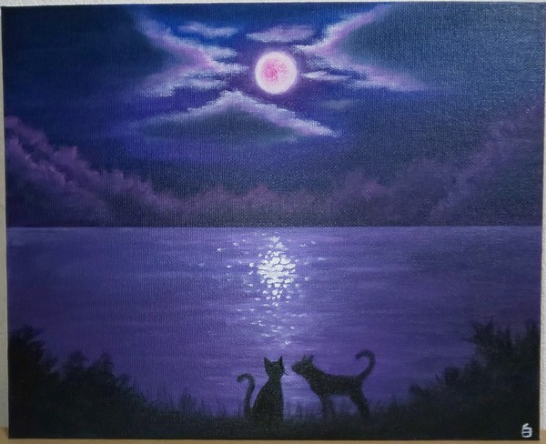 妖しい月と猫」 by 白薔薇｜アート・絵画の販売(通販)サイト Artmeter