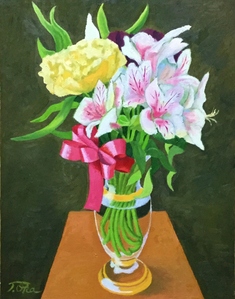 Title:「赤いリボンと花」 Artist:「岡 尊」 Comment:「透明なガラスの花瓶に活けられた花達」 ART-Meter