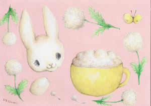 Title:「うさぎとふわふわカフェオレとたんぽぽ」 Artist:「Hatsumi」 Comment:「ふわふわたんぽぽとふかふかカフェオレとうさぎさん。ミルクたっぷりのカフェオレ召し上がれ。アクリルとアクリルガッシュと鉛筆を使って描いてます。 Cafe au lait rich with fluffy dandelions and milk. Rabbits drink their favorite cafe au lait.」 ART-Meter