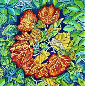 Title:「葉っぱたち2」 Artist:「あやか」 Comment:「赤い葉っぱが丸くなっている様子を描きました。」 ART-Meter