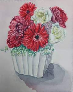 Title:「赤と白の花」 Artist:「中坪和美」 Comment:「鮮やかな赤いガーベラとカーネーションや、白いバラの組み合わせ。」 ART-Meter