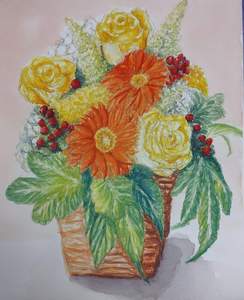 Title:「ガーベラとバラ」 Artist:「中坪和美」 Comment:「オレンジのガーベラと黄色いバラや、白あじさい。元気が出そうな花達。」 ART-Meter