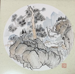 Title:「山水画」 Artist:「月心栄」 Comment:「中国絵画の山水画を描きました。家、橋、山、松そして湖を描きました。縁起のいい絵画です。絵の全体花淡い色合いです。」 ART-Meter