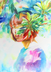 Title:「葉洩れ日」 Artist:「しらとり あやを」 Comment:「色鉛筆と水彩による、明るくカラフルな色使いと、女性のアンニュイな表情が魅力的な作品です。」 ART-Meter