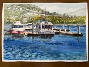 Title:「昼下がりのマリーナ」 Artist:「隆」 Comment:「マリーナに浮かぶプレジャーボートを中心に、昼下がりの港の光景を描いてみました。」 ART-Meter