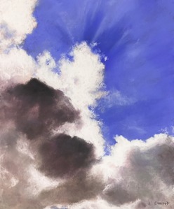 Title:「空を見上げて」 Artist:「Emiri」 Comment:「重く暑い雲から差す光を描きました。ふと見上げると光の筋が綺麗に地上を照らしていました。この瞬間をぜひ絵にしたいと思い、直様写真を撮りました。雲の影にも黒だけではなく、様々な色が見えます。空の「光」を感じていただけたら嬉しいです。」 ART-Meter