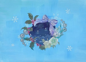Title:「冬の花飾り」 Artist:「UMARE」 Comment:「冬の花を集めたリースを描きました。雪の結晶や星の光を描き、冬の静けさを表現しています。キリッした繊細な空気と、華やかなリース。冬の幸せを感じていただければと思います。クリスマスにもどうぞ。」 ART-Meter