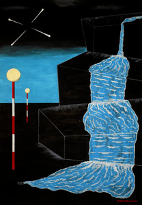 Title:「流れる水とポール」 Artist:「hiroshi」 Comment:「高い所から水が流れて排水口に流れていきます。赤白ポールに電灯が灯り、空に流星が飛び交います。」 ART-Meter