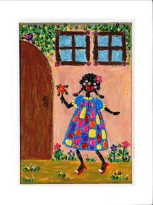 Title:「花を持って歩く少女」 Artist:「CHICCHI」 Comment:「写真たてに描いています。楽しい気持ちになってもらえたらうれしいです。」 ART-Meter