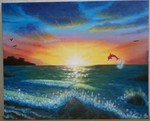「夕日の海とイルカ」