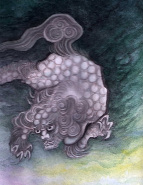 水彩紙に日本画岩絵の具と顔彩で彩雲から現れた
唐獅子をイメージして描きました。